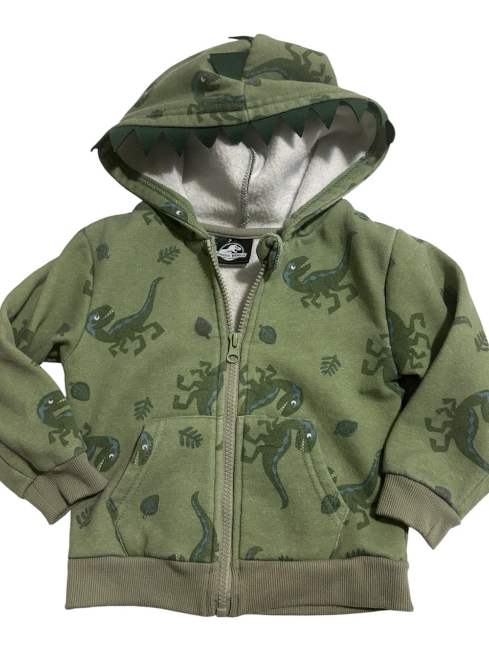 🟡Kids Olive Green Dinosaur Zip Hoodie with Hood Teeth Detail
